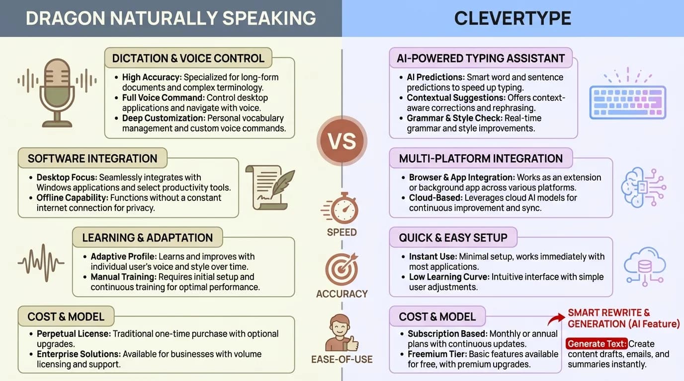 Dragon NaturallySpeaking vs CleverType: side-by-side comparison of price, accuracy, platform support, and AI features