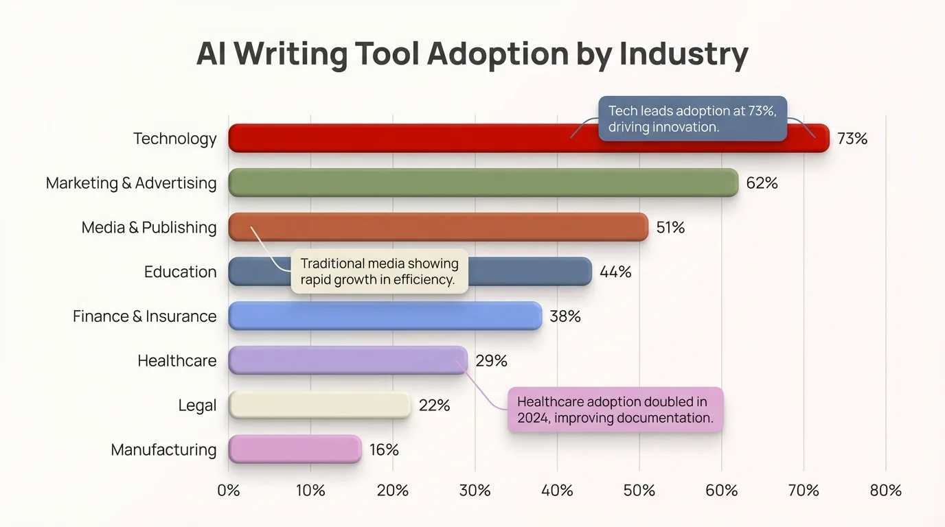 AI Writing Tool Adoption by Industry - Horizontal bar chart comparing adoption rates across Technology, Marketing, Healthcare, Finance, Education, and other sectors