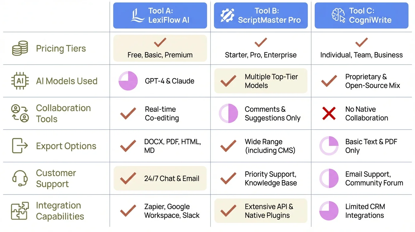 AI Writing Tools Feature Comparison Matrix - Compare ChatGPT, CleverType, Jasper, Claude, Grammarly, Sudowrite, and Copy.ai side-by-side