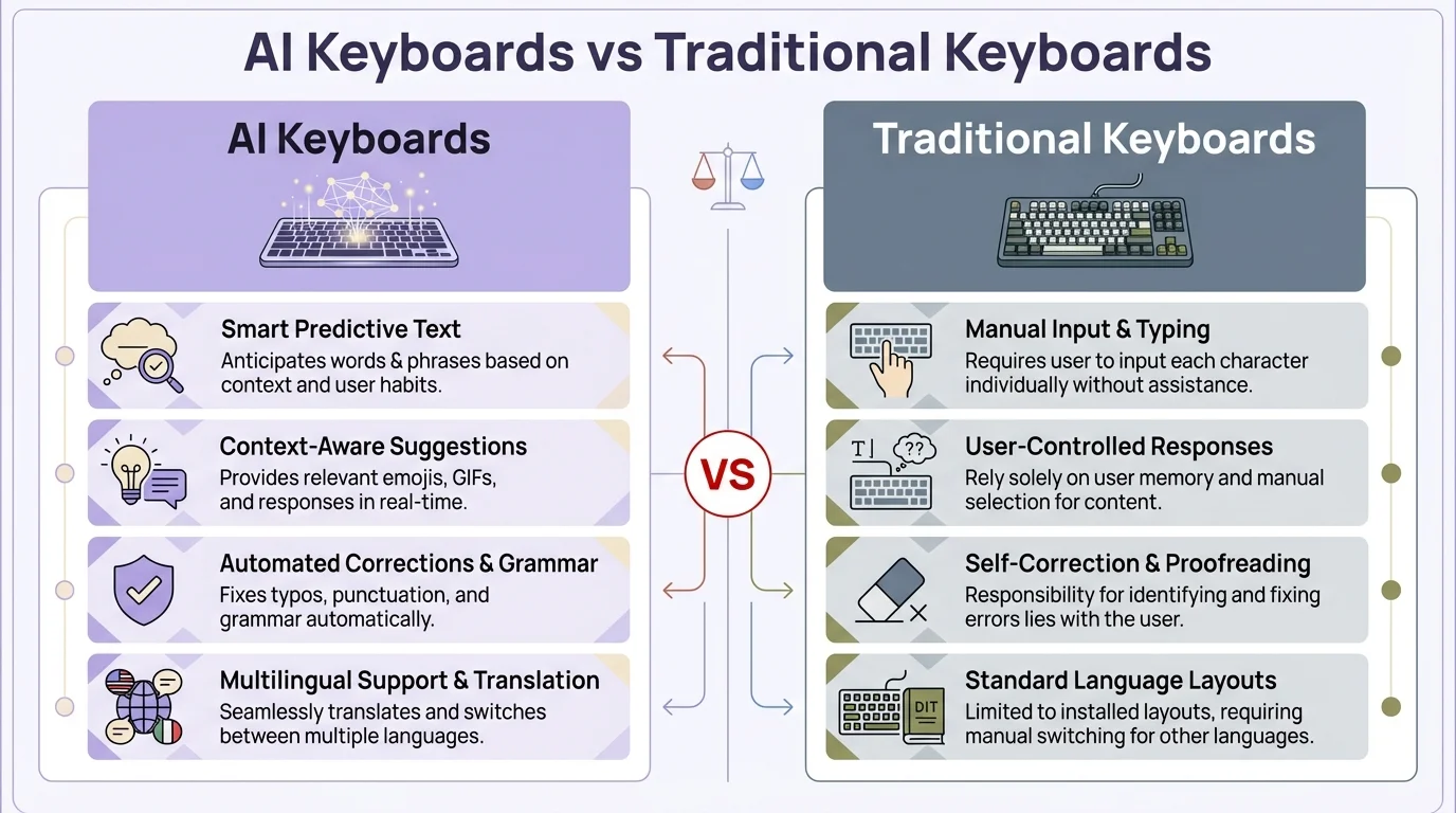 Comparison infographic showing the key differences between AI keyboards and traditional keyboards, including features, benefits, and trade-offs