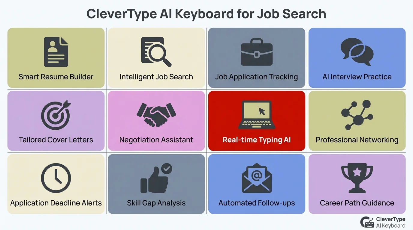 CleverType AI Keyboard features for job search including resume optimization, ATS compatibility, tone adjustment, and professional phrasing