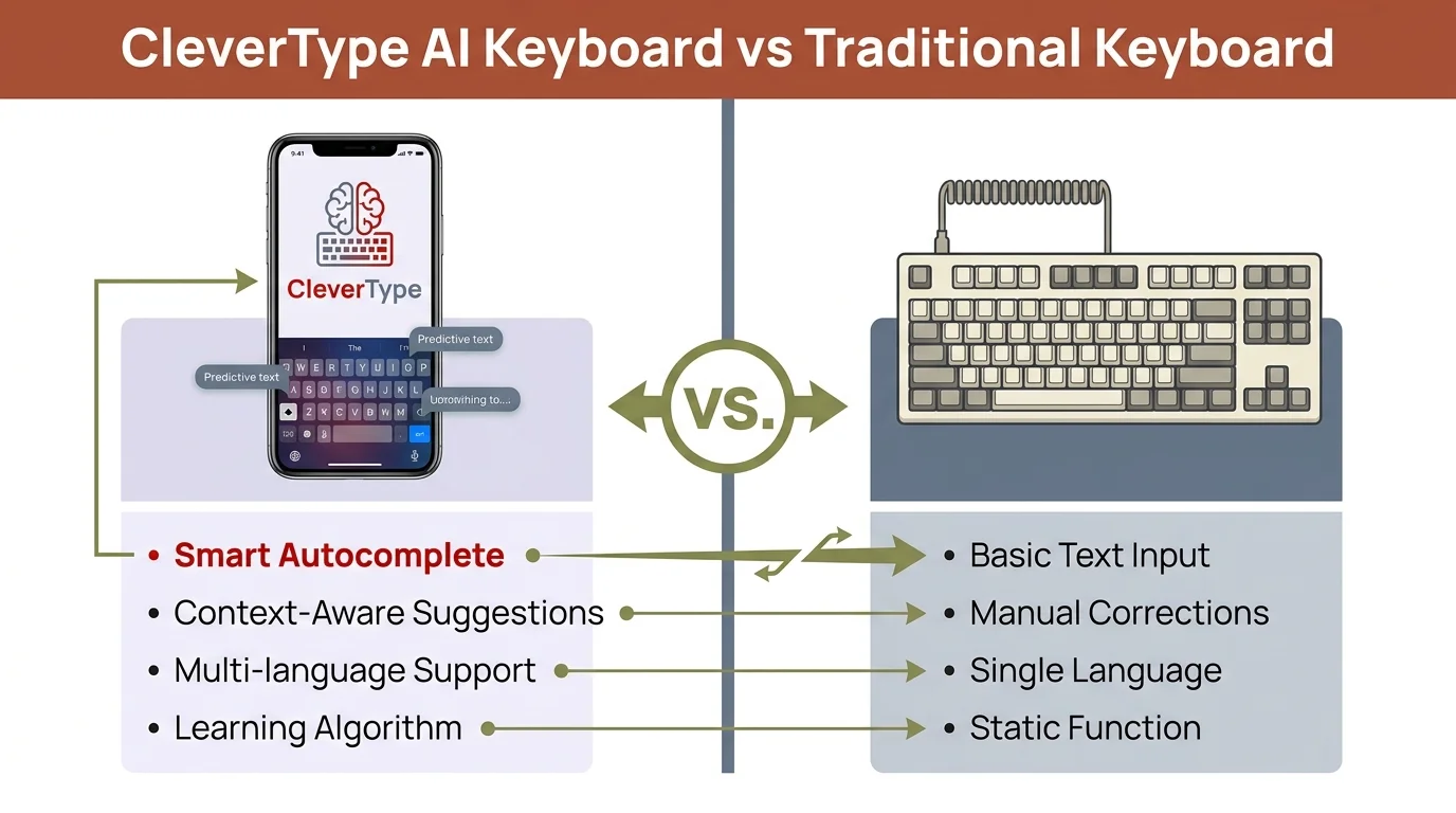 CleverType AI Keyboard vs Traditional Keyboard side-by-side comparison showing smart autocomplete, context-aware suggestions, 100+ language support versus basic text input and manual corrections