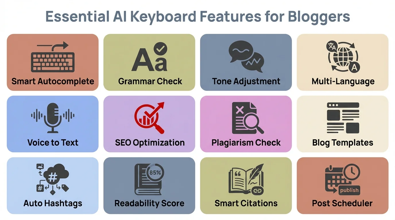 Essential AI Keyboard Features for Bloggers - Infographic showing key features like smart autocomplete, grammar check, tone adjustment, multi-language support, voice typing, SEO optimization, and more