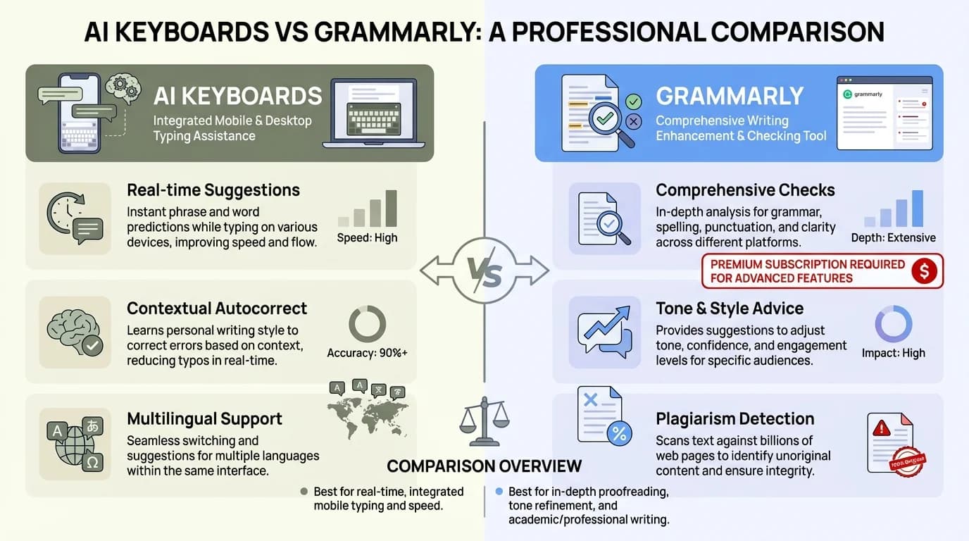 Comparison infographic showing the key differences between AI Keyboards and Grammarly for professional writers