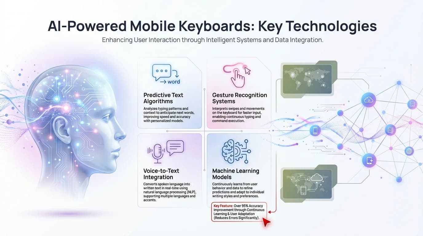 AI-Powered Mobile Keyboards: Key Technologies - An infographic showing the core AI technologies powering modern mobile keyboards including predictive text, NLP, voice recognition, and machine learning