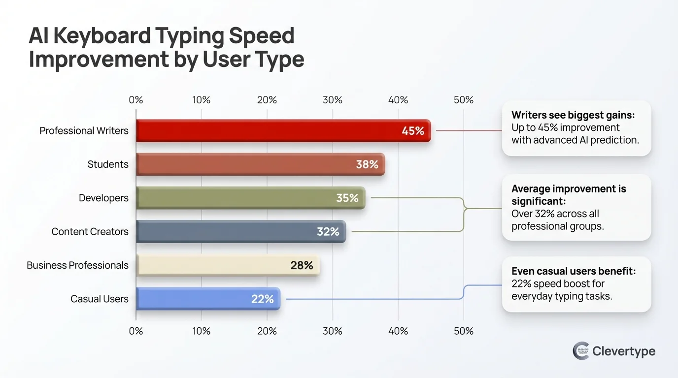 Bar chart showing AI keyboard typing speed improvement percentages across different user types — novice, intermediate, non-native speakers, expert typists, and users with motor limitations