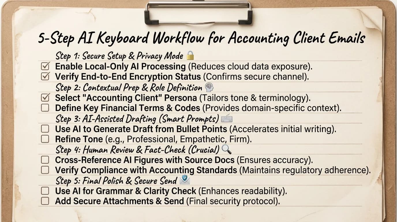 Checklist infographic of the 5-step AI keyboard workflow for accounting client emails