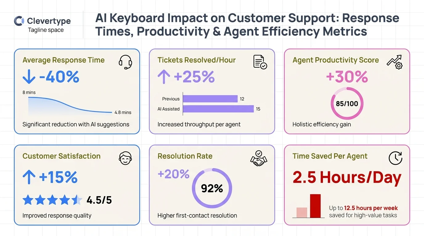AI Keyboard impact on customer support metrics: response times, productivity gains, and agent efficiency data dashboard