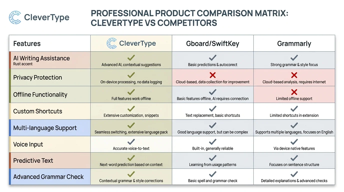 CleverType vs Gboard vs SwiftKey vs Grammarly keyboard feature comparison matrix for customer support teams