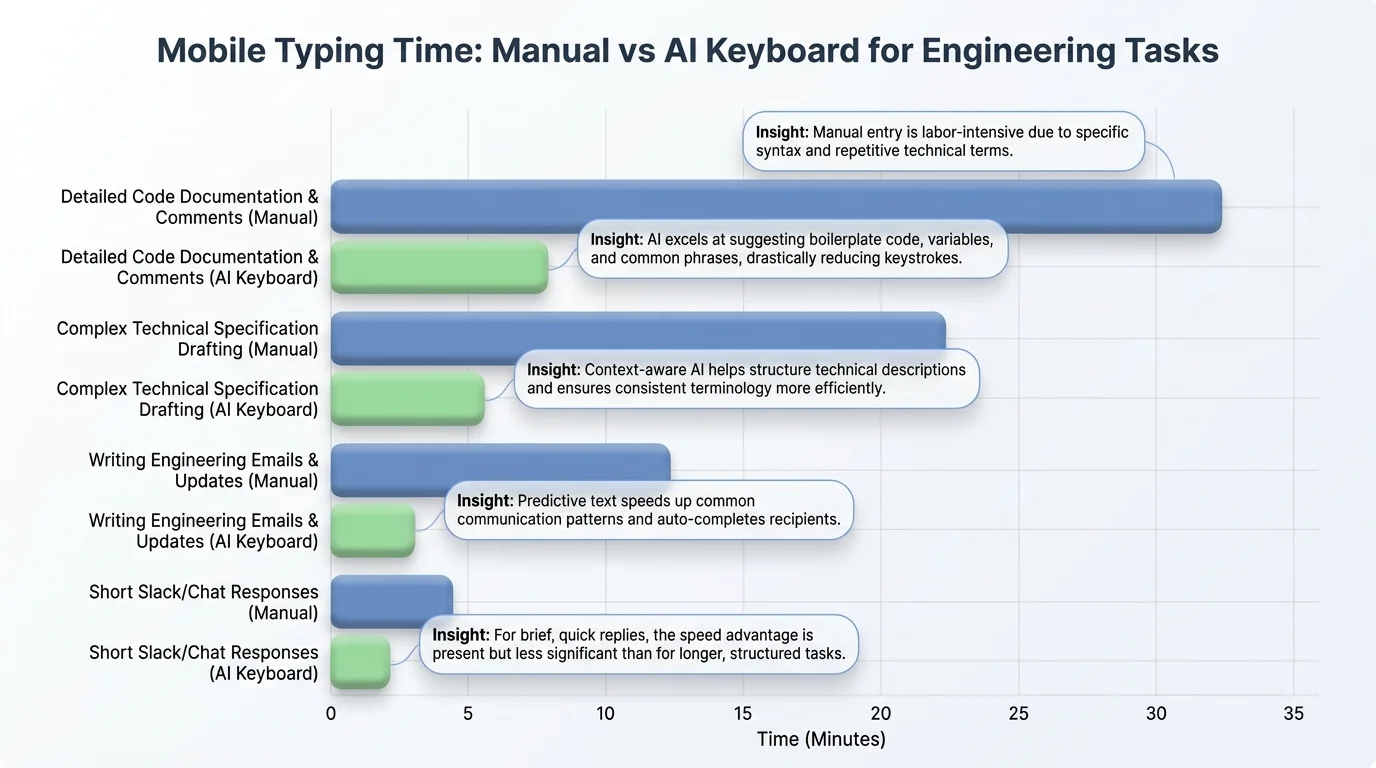 Bar chart comparing mobile typing time for engineering tasks like incident updates, PR comments, and standup updates, manual typing versus an AI-assisted keyboard