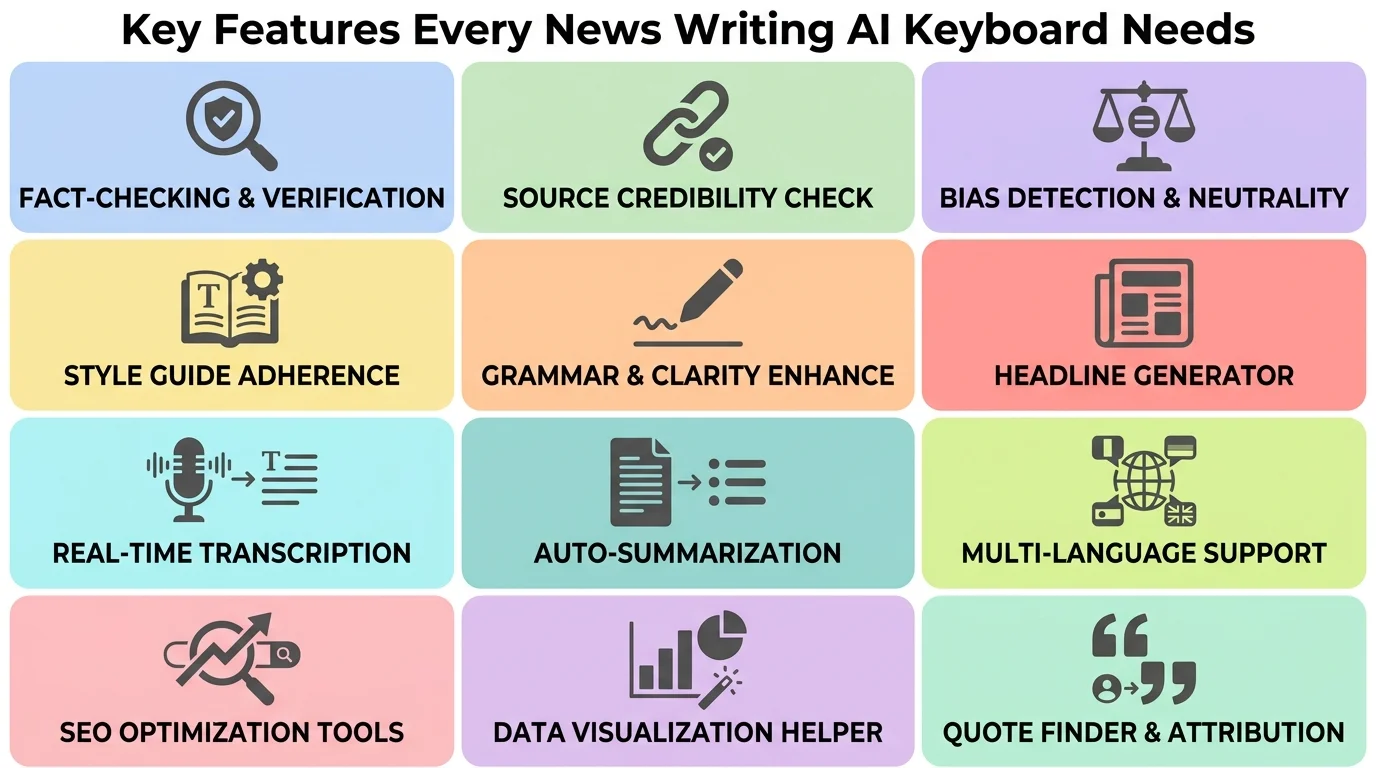 Key features every news writing AI keyboard needs, including AP style grammar checking, name recognition, and on-device privacy