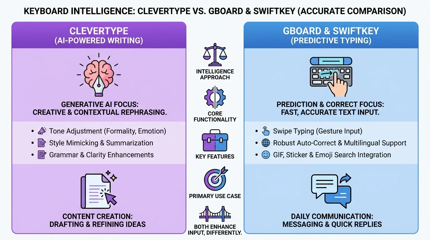 CleverType versus Gboard and SwiftKey comparison for journalists, showing on-device privacy, grammar checking, and tone adjustment differences
