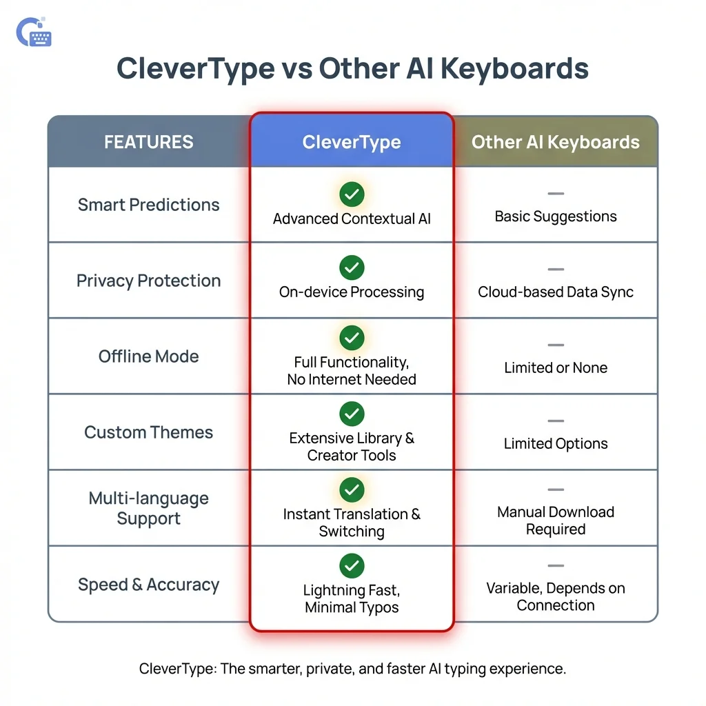 CleverType vs other AI keyboards feature comparison matrix highlighting superior multilingual capabilities