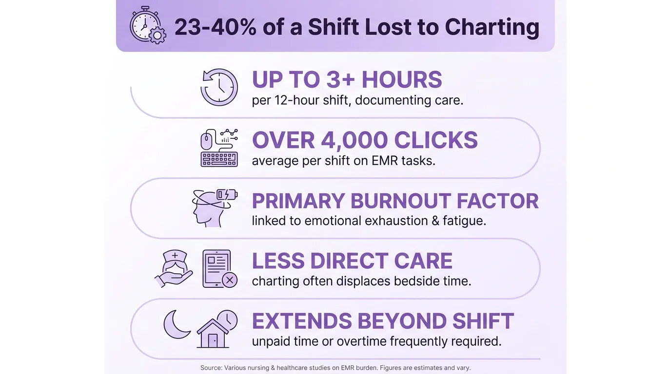 Statistics on nursing documentation burden showing 23-40% of a shift lost to charting