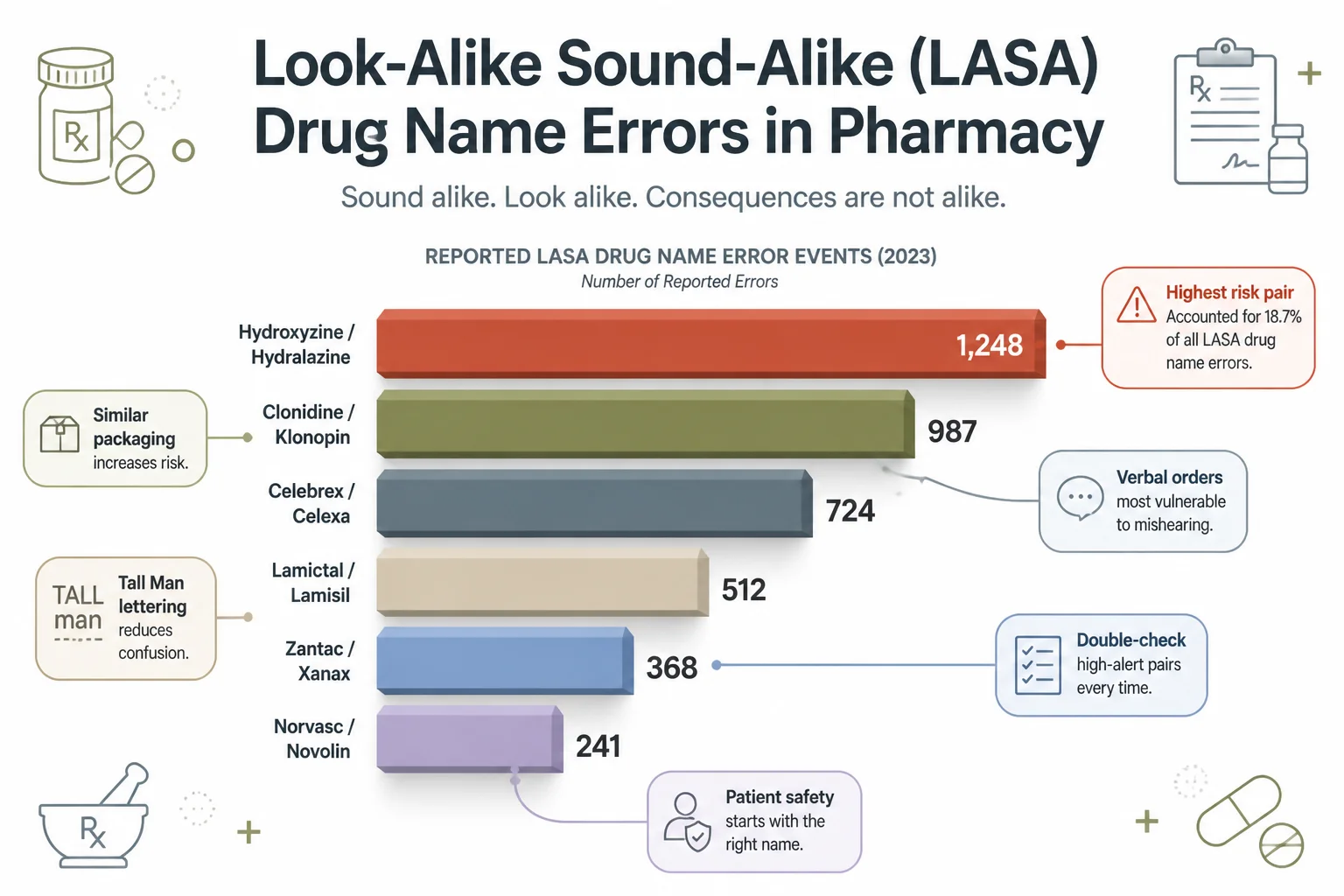 Chart showing the most common look-alike, sound-alike (LASA) drug name pairs behind pharmacy medication errors