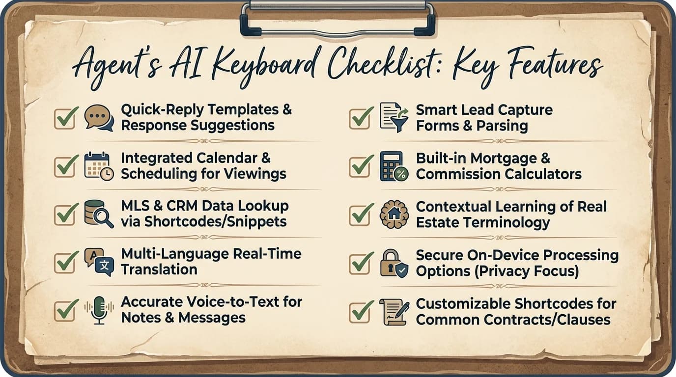 Checklist of key features real estate agents should look for in an AI keyboard, including grammar correction, custom property vocabulary, on-device privacy, and voice-to-text