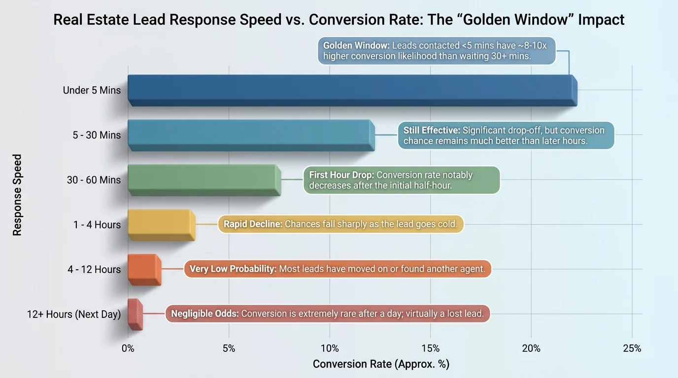 Bar chart comparing real estate lead response speed to conversion rate, showing faster follow-up times lead to significantly higher lead qualification