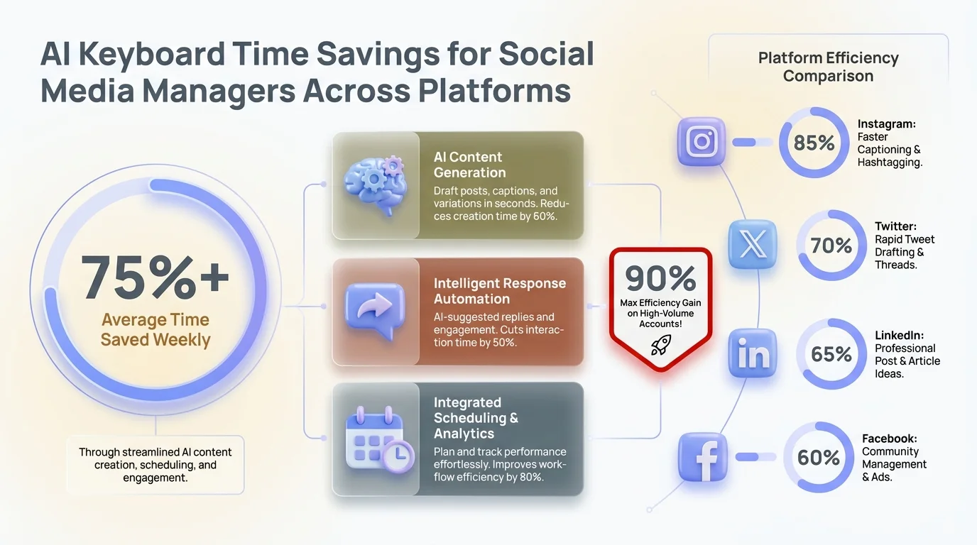 AI keyboard time savings for social media managers across Instagram, Twitter, LinkedIn, and TikTok platforms