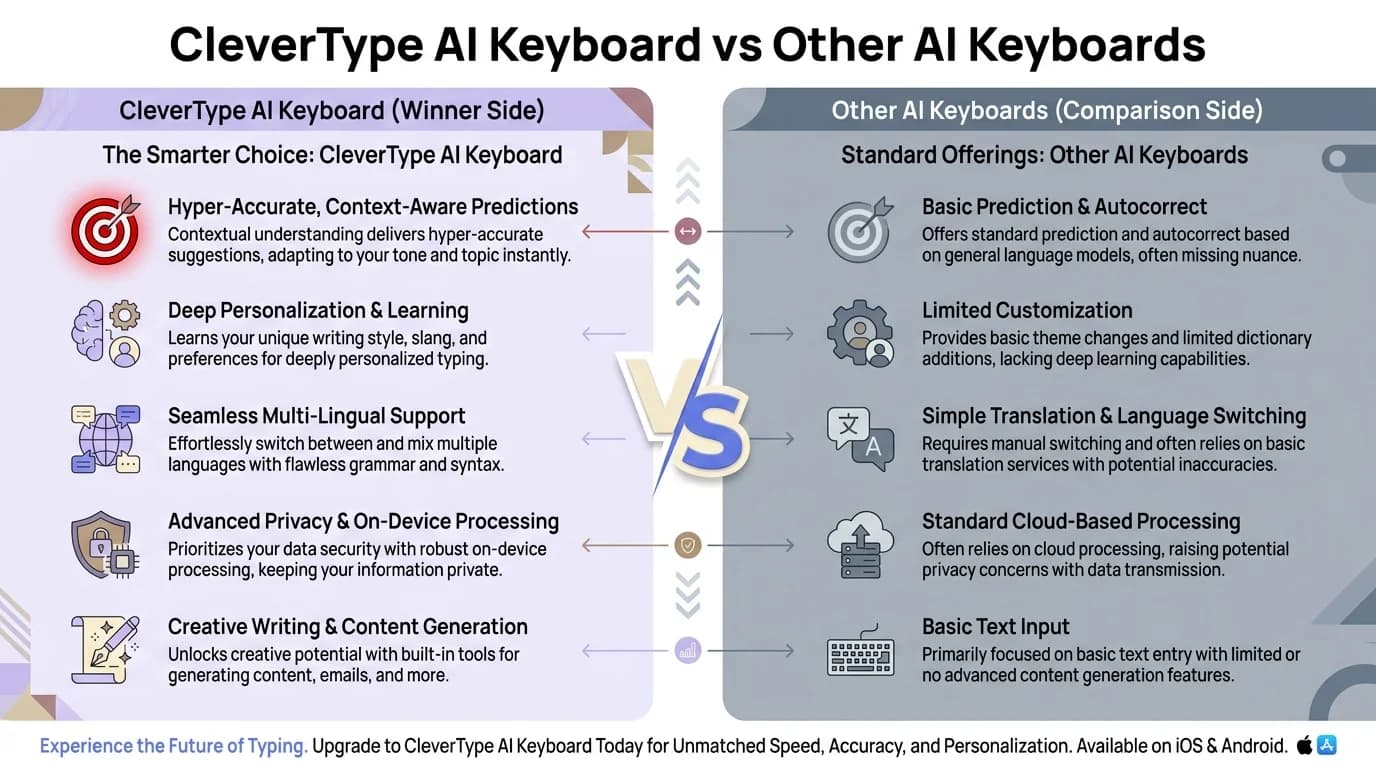 CleverType AI Keyboard vs Other AI Keyboards - Feature comparison showing CleverType's superior grammar correction, tone control, smart replies, on-device privacy, and voice AI