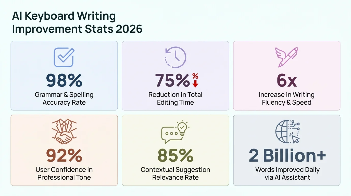 AI Keyboard Writing Improvement Statistics 2026 - 42% error reduction, 52-58% first-suggestion accuracy, 23 minutes saved daily, 30-50% faster first drafts