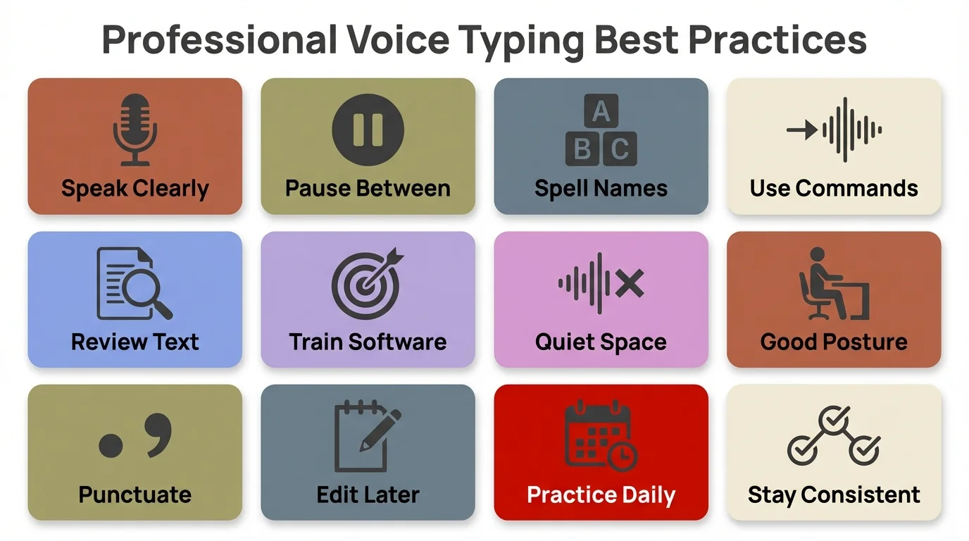 Professional voice typing best practices - 12 essential tips including speak clearly, use commands, quiet space, and training software for optimal accuracy
