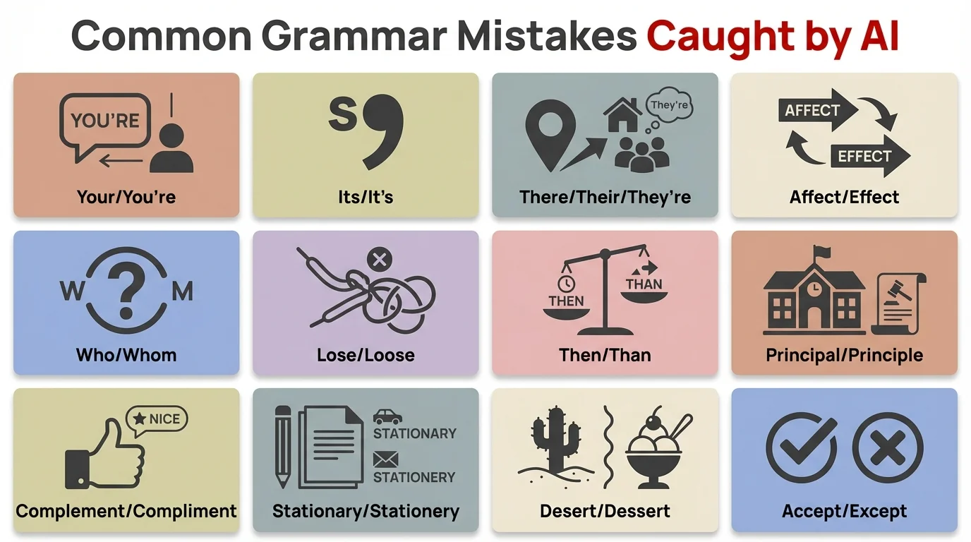 Common grammar mistakes caught by AI - Visual guide to the most frequent errors including your/you're, its/it's, and more