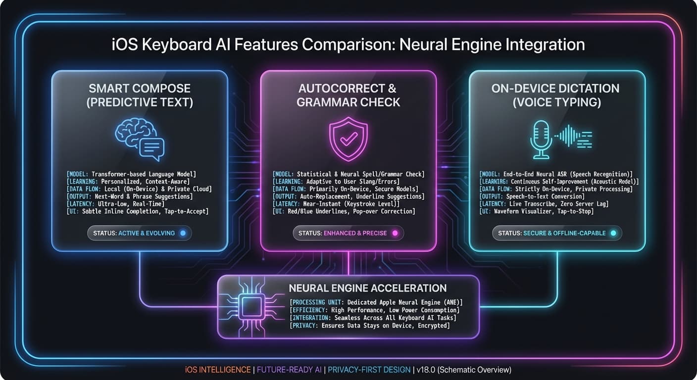 iOS Keyboard AI Features Comparison - Visual comparison of advanced AI capabilities across CleverType, Gboard, SwiftKey, Grammarly, and FlekSy keyboards