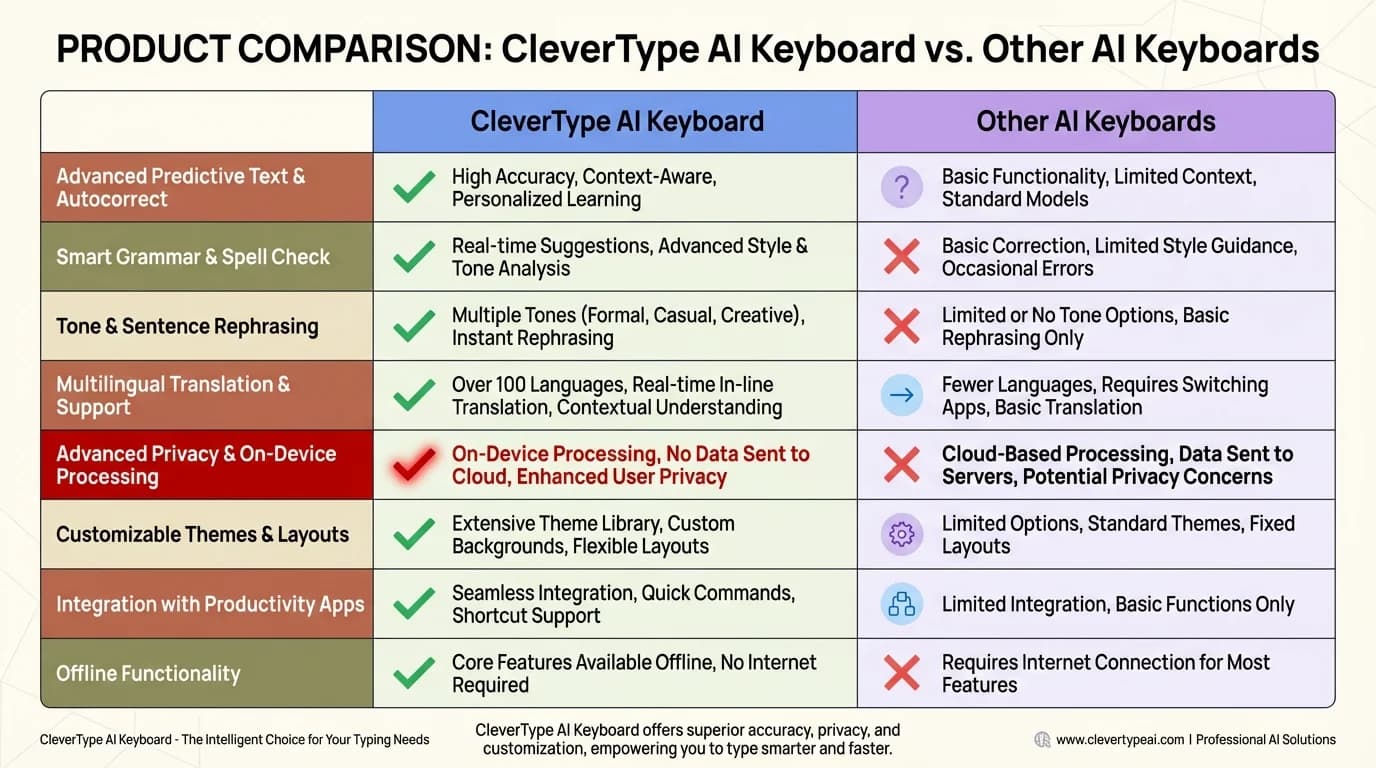 CleverType AI Keyboard vs Other AI Keyboards - Comprehensive comparison of features, privacy, and capabilities
