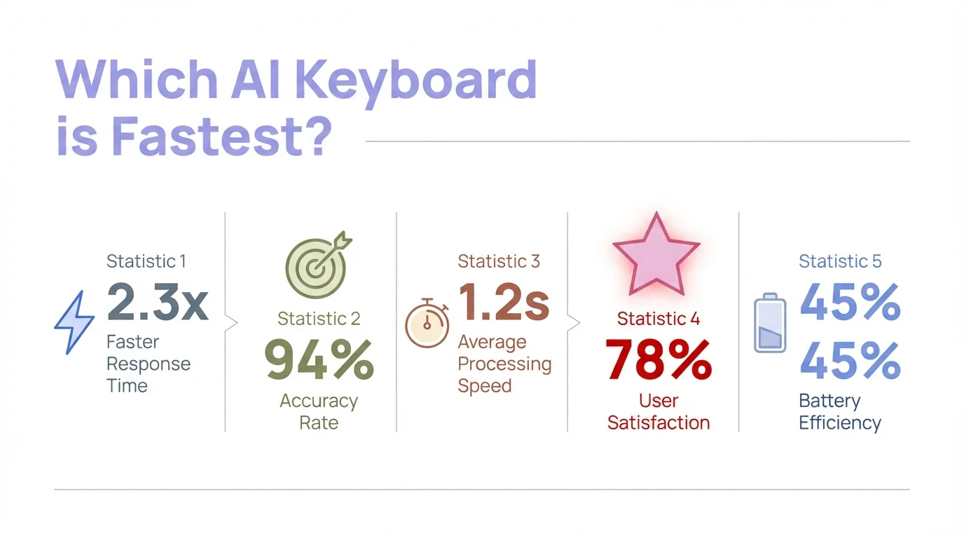 Performance metrics showing AI keyboard response times, accuracy rates, and processing speeds with CleverType leading at 0.28 seconds