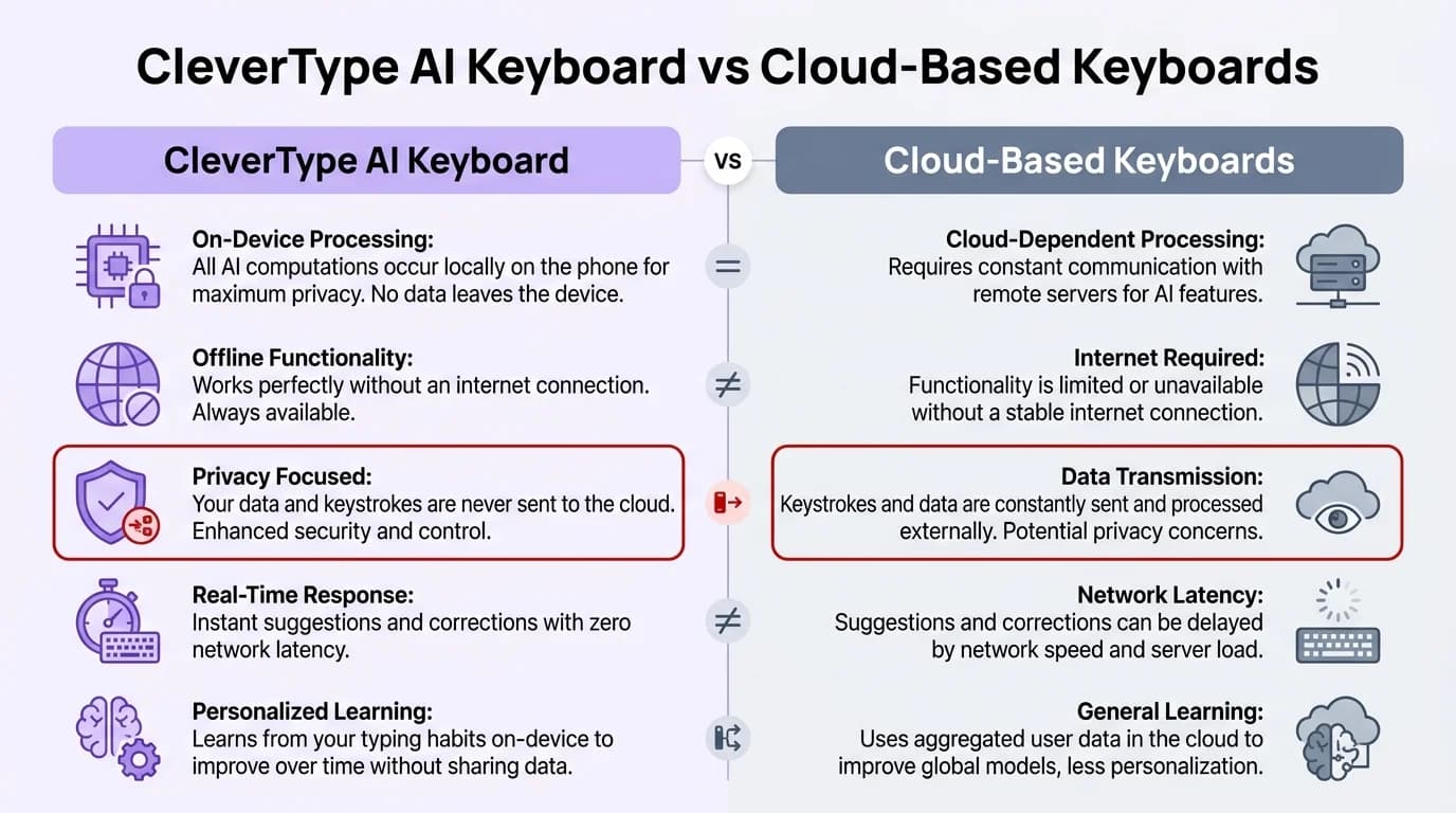 CleverType AI Keyboard vs cloud-based keyboards: privacy, on-device processing, and AI features compared