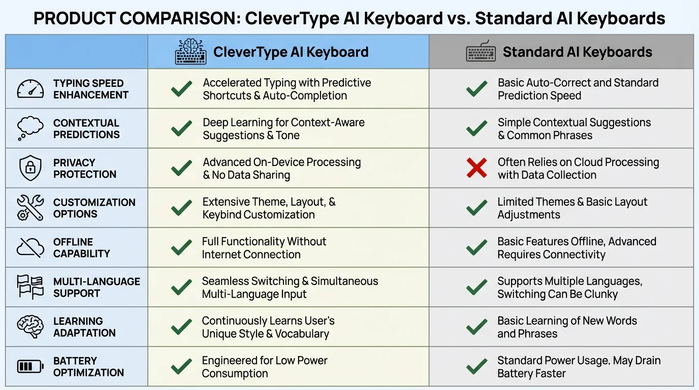 Comparison matrix showing CleverType AI Keyboard vs Standard AI Keyboards features and capabilities