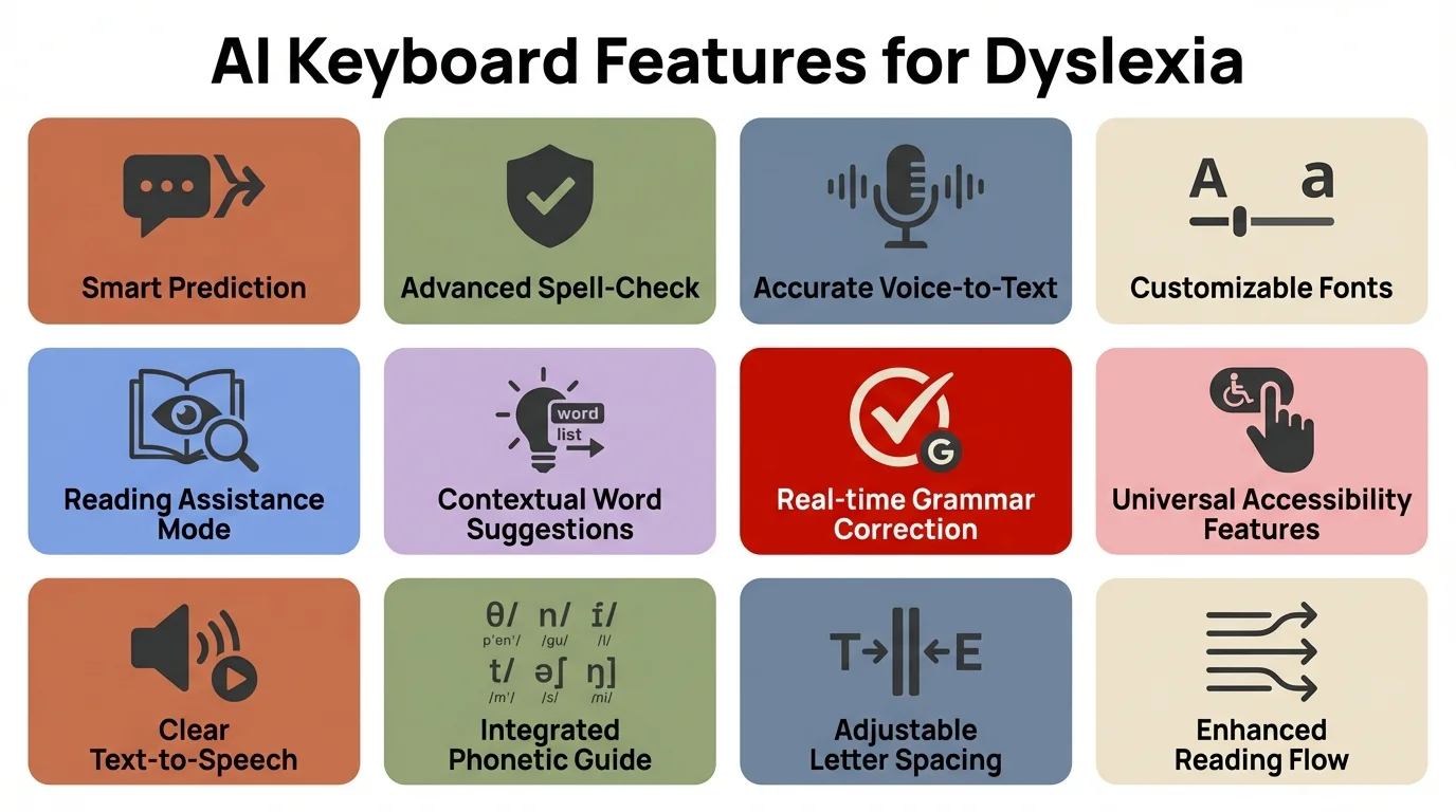 AI Keyboard Features for Dyslexia - A visual guide showing key features like predictive text, spell-check, voice-to-text, font adjustment, and more accessibility tools that help dyslexic users type more easily