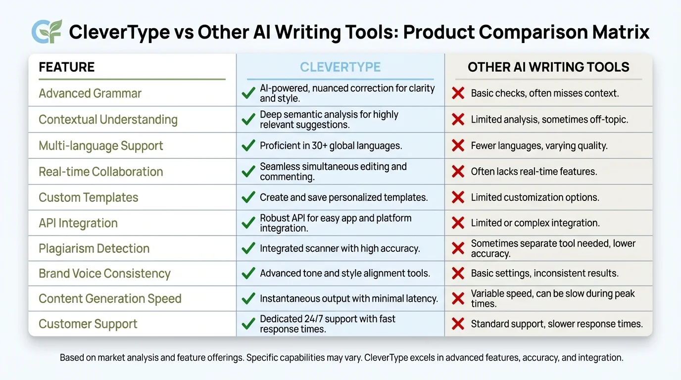Feature comparison between CleverType and other AI writing tools showing context-aware tone adjustment capabilities