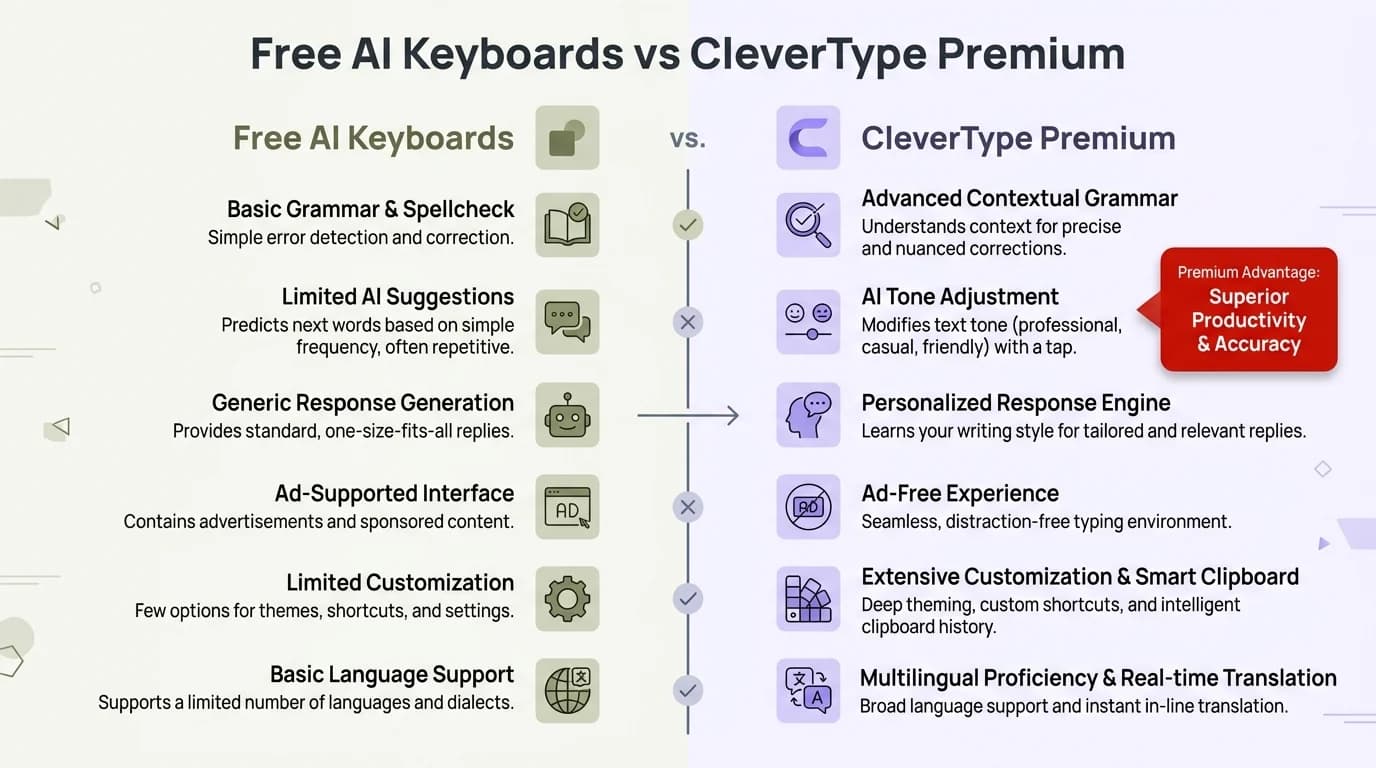 Free AI Keyboards vs CleverType Premium: side-by-side comparison of features, AI request limits, tone control, and translation capabilities