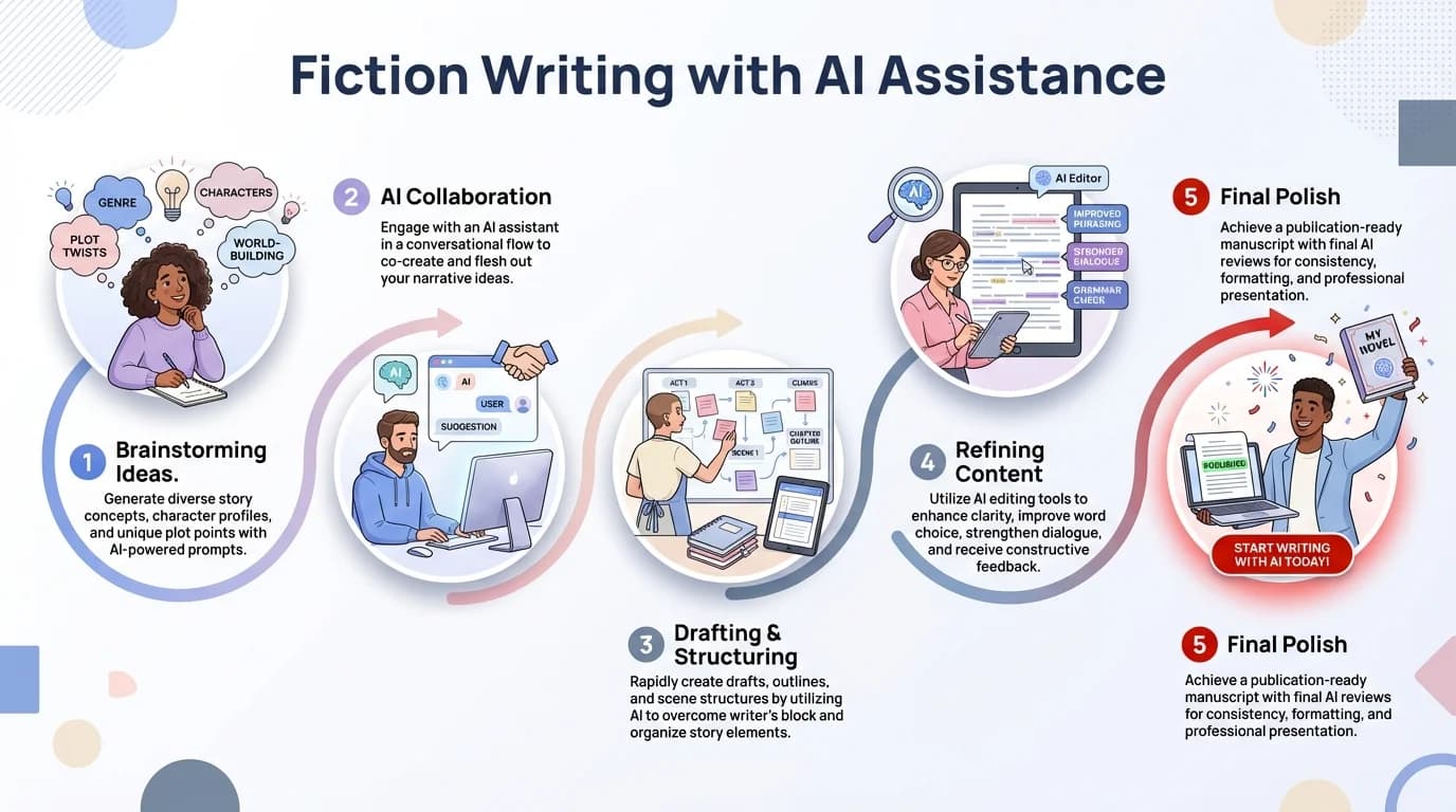 Step-by-step process of fiction writing with AI keyboard assistance, showing brainstorming, collaboration, drafting, refining, and final polish stages