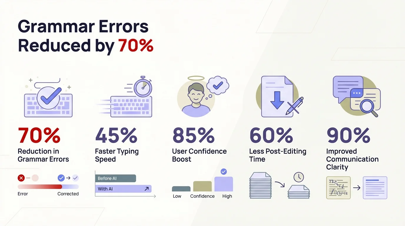 Infographic showing AI keyboard grammar correction statistics - Grammar errors reduced by 70% with AI keyboards compared to traditional autocorrect