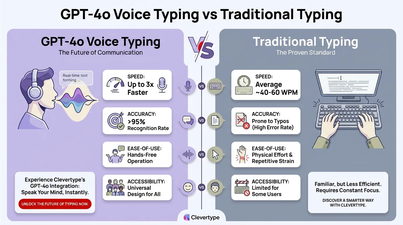 GPT-4o Voice Typing vs Traditional Typing - Comprehensive comparison of speed, accuracy, and usability