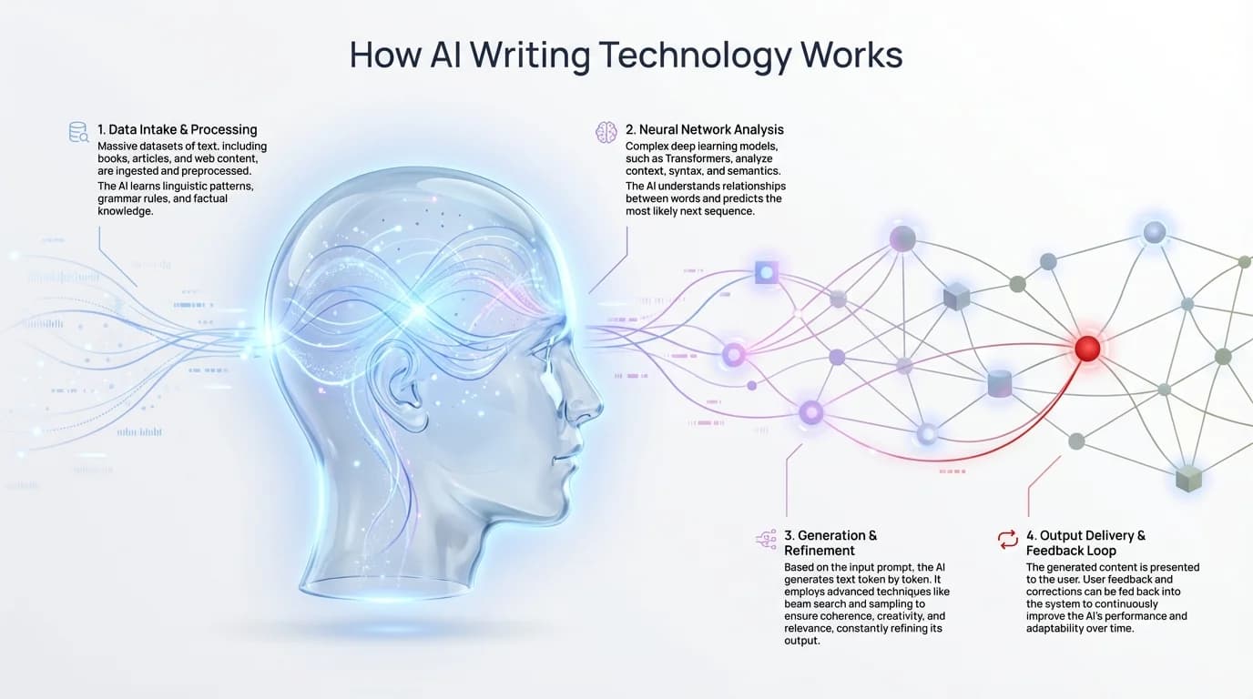 Visual overview of how AI writing technology works, showing neural networks and language processing