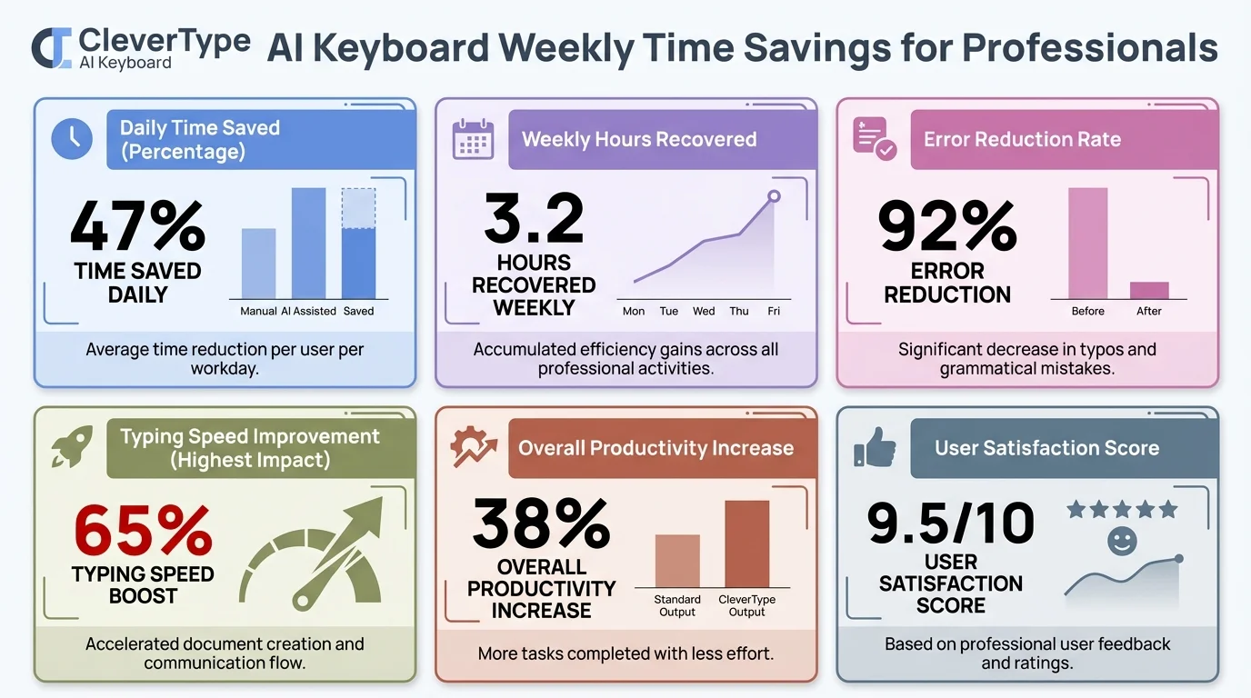 CleverType AI Keyboard Weekly Time Savings Dashboard — showing professionals save 3.75 hours on email, 2.5 hours on grammar fixes, and 1 hour on tone adjustments each week