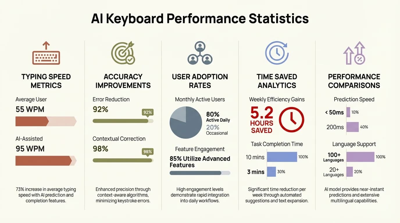 AI Keyboard Performance Statistics - 35% faster typing, 25% fewer errors, 20% less backspace usage, under 10ms prediction response time