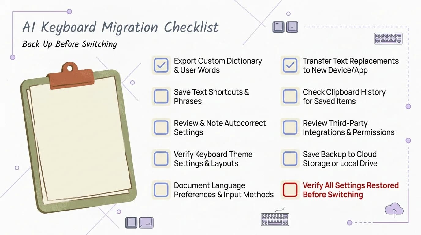 AI keyboard migration checklist: back up custom words, text shortcuts, personal dictionary, and clipboard history before switching keyboard apps