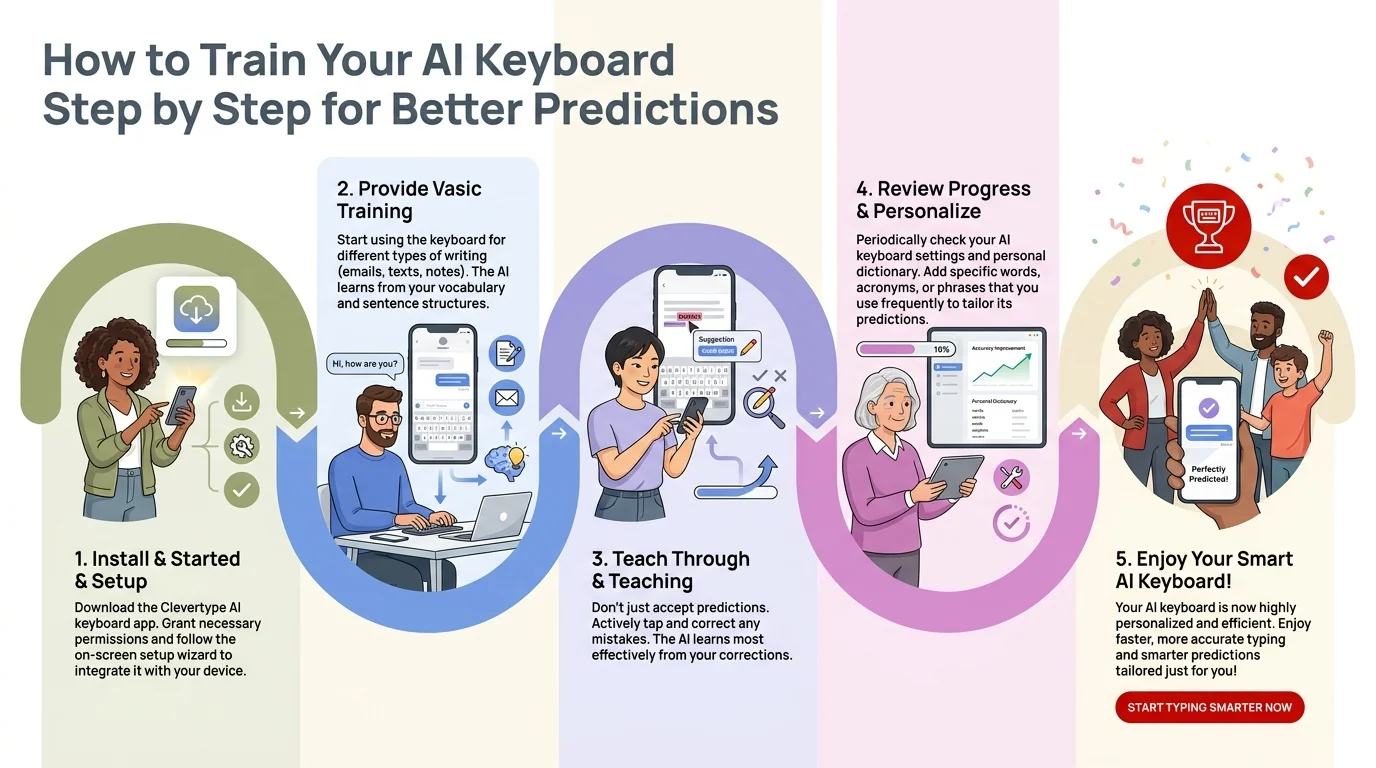 Step-by-step process infographic showing how to train your AI keyboard for better predictions through consistent suggestion acceptance and correction