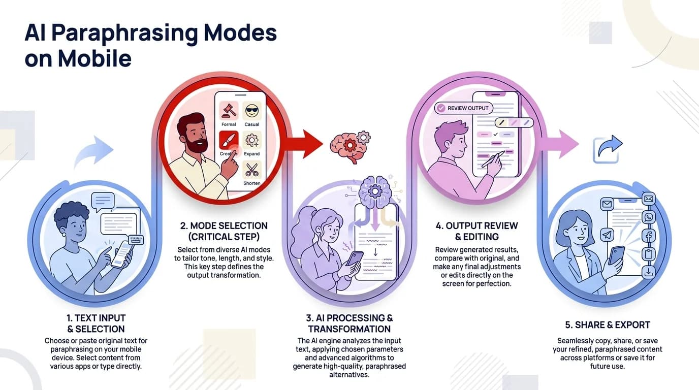AI Paraphrasing Modes on Mobile - Step-by-step process showing Standard, Fluency, Formal, Simple, Creative, and Concise paraphrasing modes