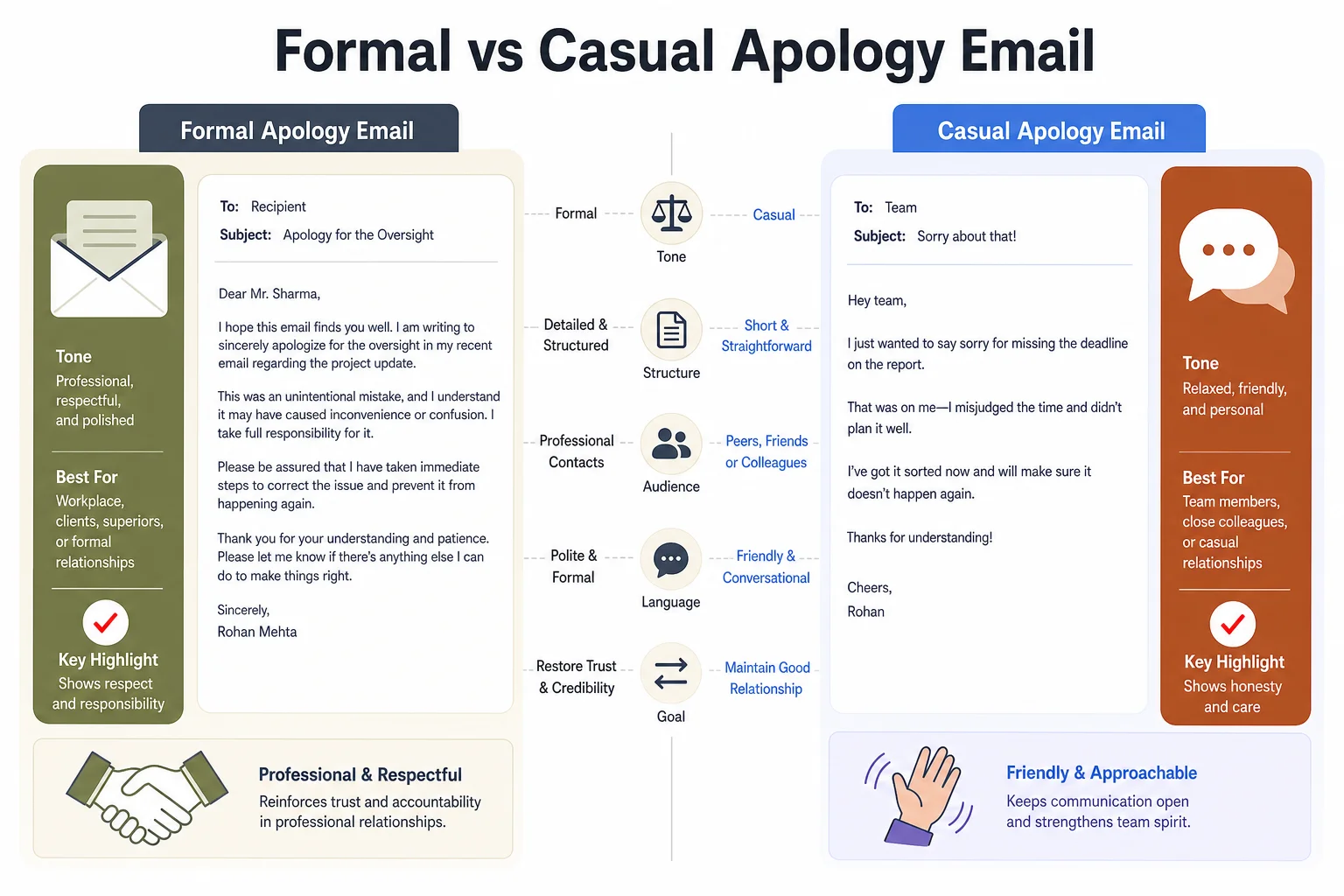 Side-by-side comparison infographic of a formal apology email versus a casual apology email, showing differences in structure and tone