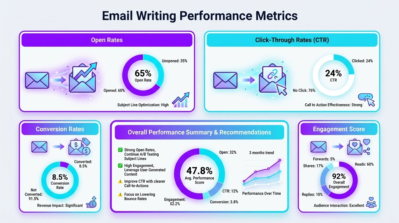 Email writing performance metrics dashboard infographic showing open rates, reply rates, and click-through rates