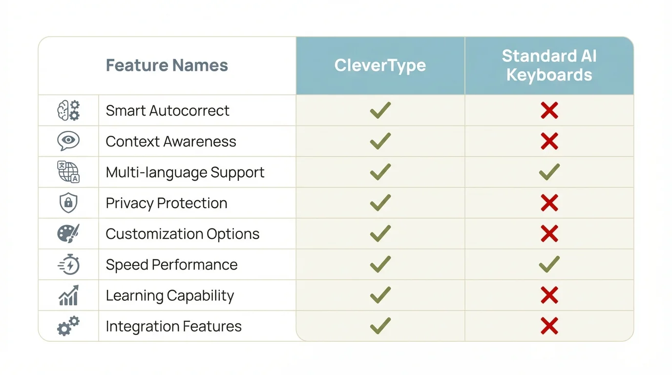 Comparison of CleverType vs Standard AI Keyboards showing key features and capabilities