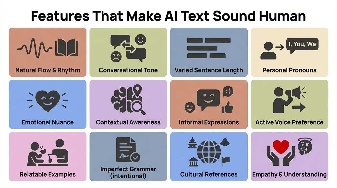 Key features that make AI text sound human including natural flow, conversational tone, and emotional nuance