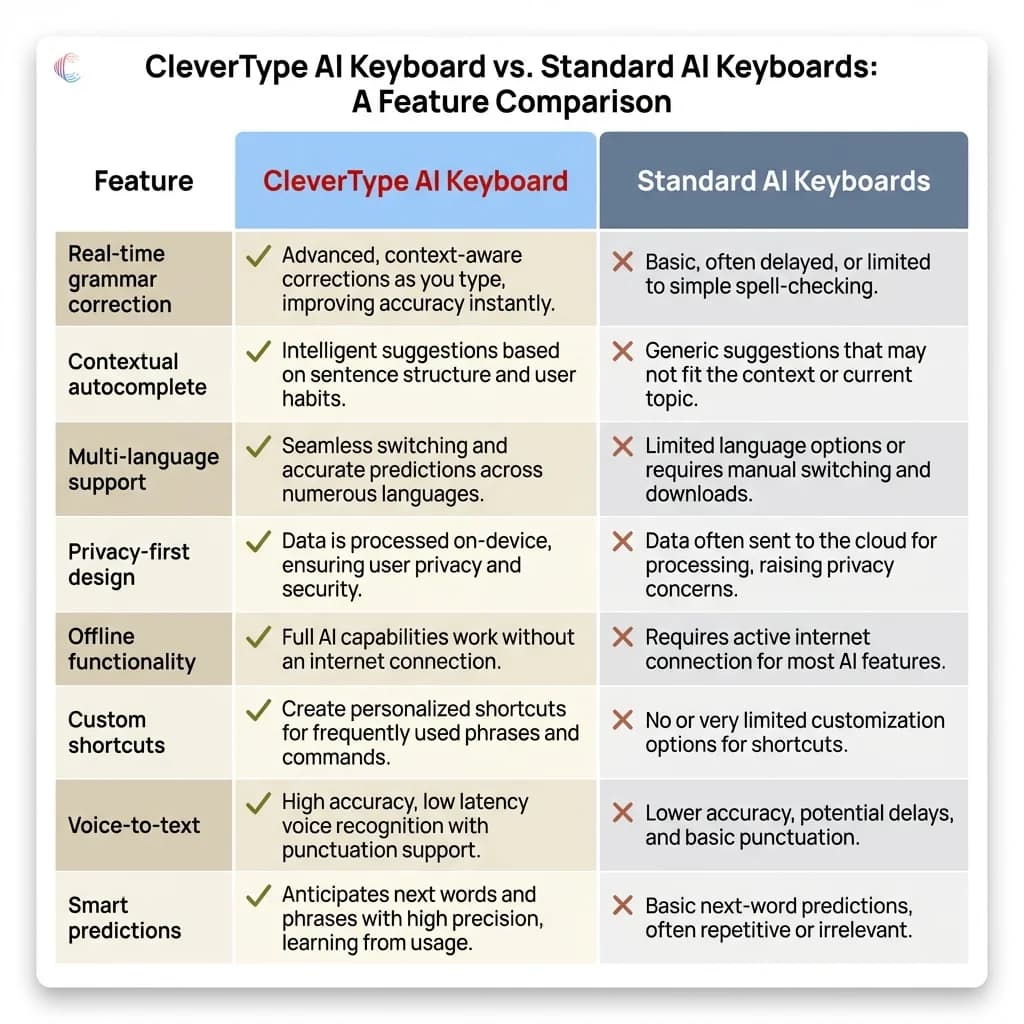 CleverType AI Keyboard vs Standard AI Keyboards - Feature Comparison Matrix