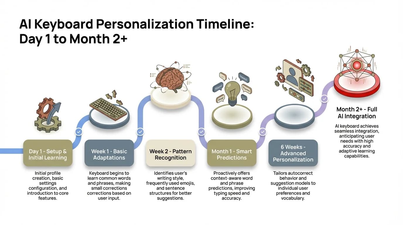 Timeline roadmap showing AI keyboard personalization milestones from Day 1 setup through Week 1 basic adaptations, Week 2 pattern recognition, Month 1 smart predictions, and Month 2+ full AI integration