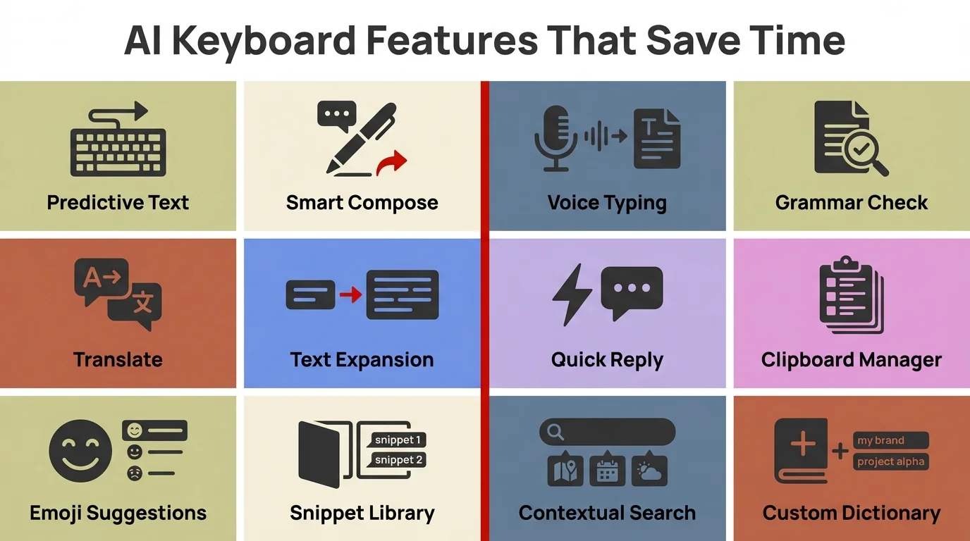AI Keyboard Features That Save Time - Visual breakdown of grammar fix, tone adjustment, smart predictions, and voice typing capabilities